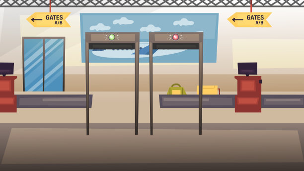 机场与安全旅行的概念。机场安全检查和机场航站楼的安全检查站。机场安检大门。带行李的皮带。卡通平面矢量插图图片下载