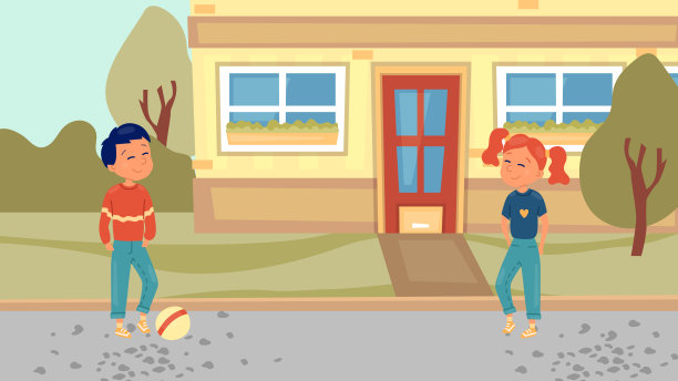 儿童夏季日概念。快乐的孩子在家里的院子里踢足球。可爱的男孩和女孩青少年玩得开心。活泼的孩子们在户外踢足球。卡通平的风格。矢量图素材图片