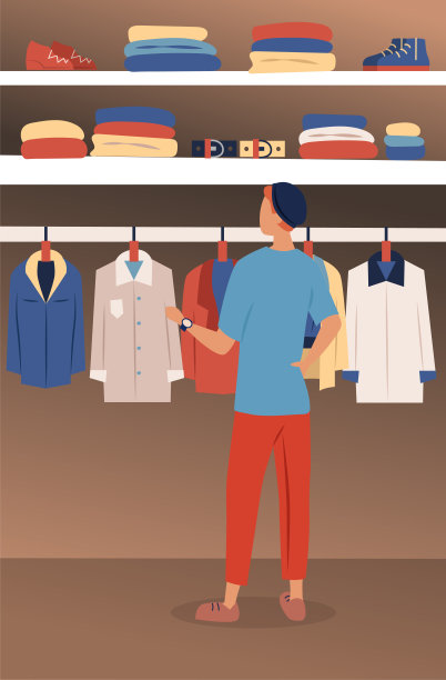 男士服装概念。男士衣柜时尚系列。男士在衣柜里选择时尚服装。男性角色试图决定穿什么。卡通扁平风格。矢量图图片下载