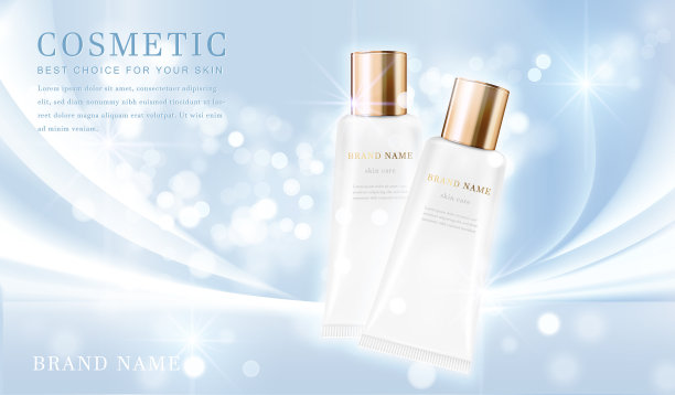 3D优雅的化妆品瓶容器与闪亮的淡蓝色闪烁的背景横幅模板。图片下载