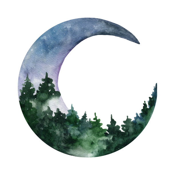 可爱的手绘水彩山和树木修剪艺术在月亮。孤立在白色背景上绘制纺织品印花，儿童海报，可爱的文具，旅游设计。高质量的景观插图。图片下载
