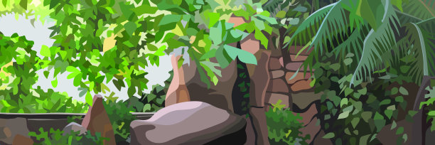 全景背景与石墙的遗迹和热带植物图片下载