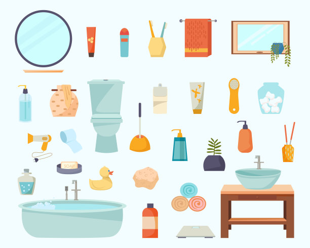 浴室的元素集。矢量卡通浴室室内家具及配件图片下载
