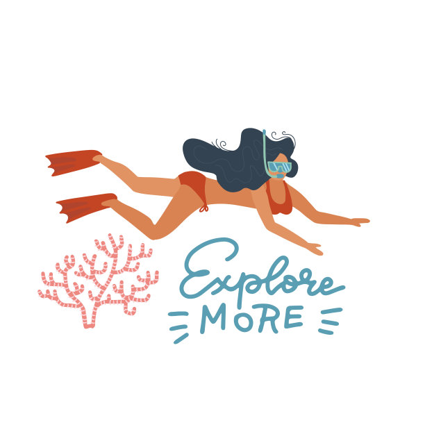 手绘矢量插图的一个快乐的女人游泳在珊瑚附近的水下，与字母引用探索更多。白色背景上的孤立物体。平面概念，海报元素，横幅。图片下载