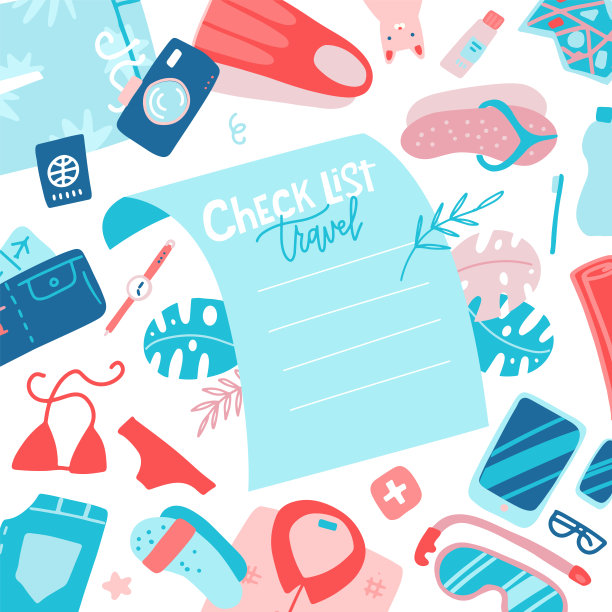 必要的打包为异国旅行或蜜月，男女物品，服装和配件准备打包。平的概念。平面矢量平面插图与字母图片下载