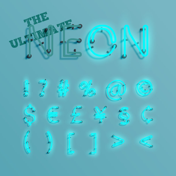 现实的蓝色霓虹灯字符排版，向量图片下载