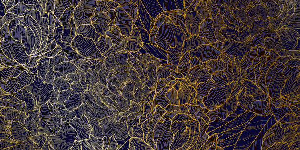 矢量水平背景与金线艺术手绘牡丹花和叶子在经典的蓝色背景。设计浪漫的天然化妆品，香水，女性产品。可以用作贺卡或婚礼请柬吗图片下载