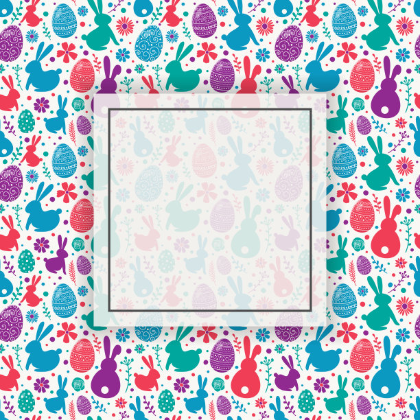 色彩缤纷的复活节图案装饰蛋，兔子和鲜花。与copyspace背景。向量图片下载