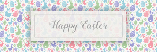 复活节贺卡与五颜六色的兔子，鸡蛋和鲜花。横幅。向量图片下载