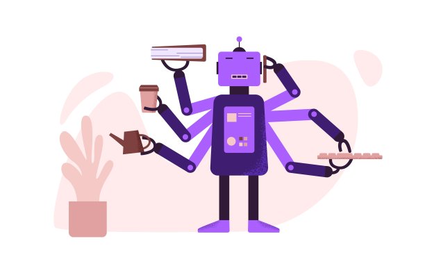 卡通机器人与AI在办公室工作矢量平面插图图片下载