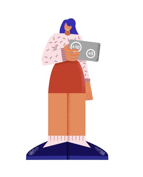 微笑卡通女孩持有折扣卡与数字的忠诚计划矢量平面插图图片下载