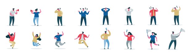 男性和女性卡通人物表现不同的情感集矢量平面插图图片下载