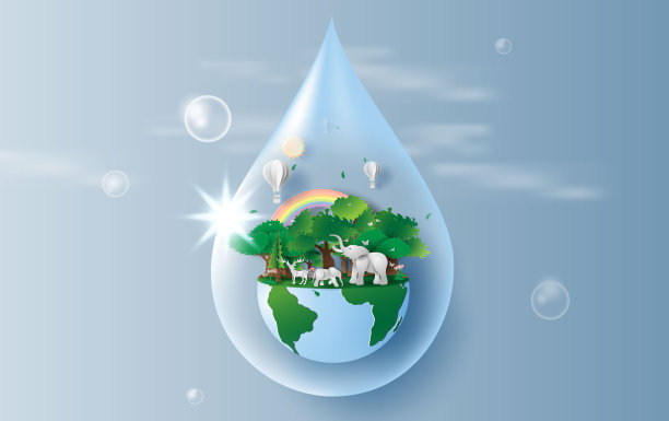 森林大象节约用水的理念，创意折纸设计世界环境和地球日剪纸和工艺风格。景观野生动物与鹿在自然界由彩虹和气球。矢量素材图片