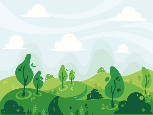 插图美丽的森林景观与树木，灌木和植物在阴天图片下载