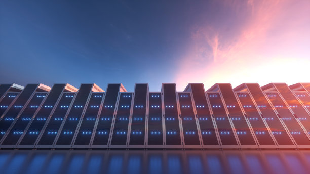 在蓝天背景下的网络服务器机器农场云计算硬件的三维渲染图片下载