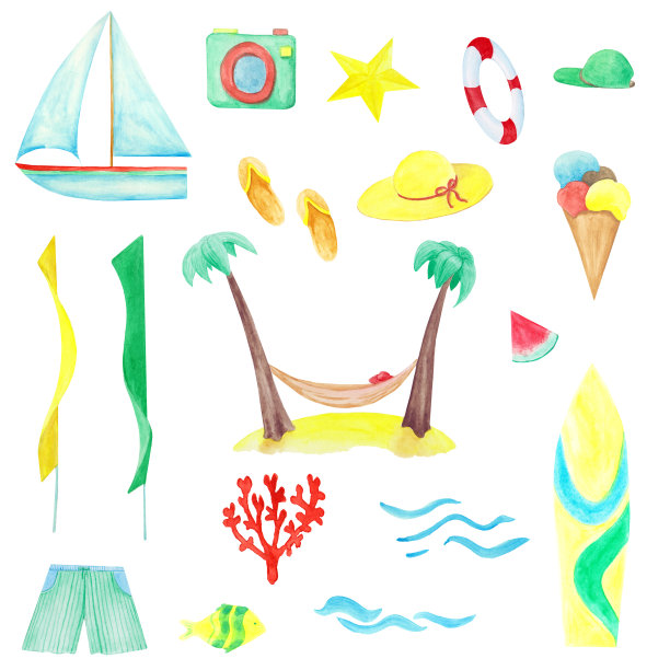 水彩夏季集18个元素:冰淇淋，帆船，相机，人字拖，救生圈，西瓜，岛2棕榈树和吊床，帽子，帽子，珊瑚，短裤，冲浪板，海浪，黄色和绿色的羽毛海滩旗帜和鱼孤立在白色的背景。图片下载