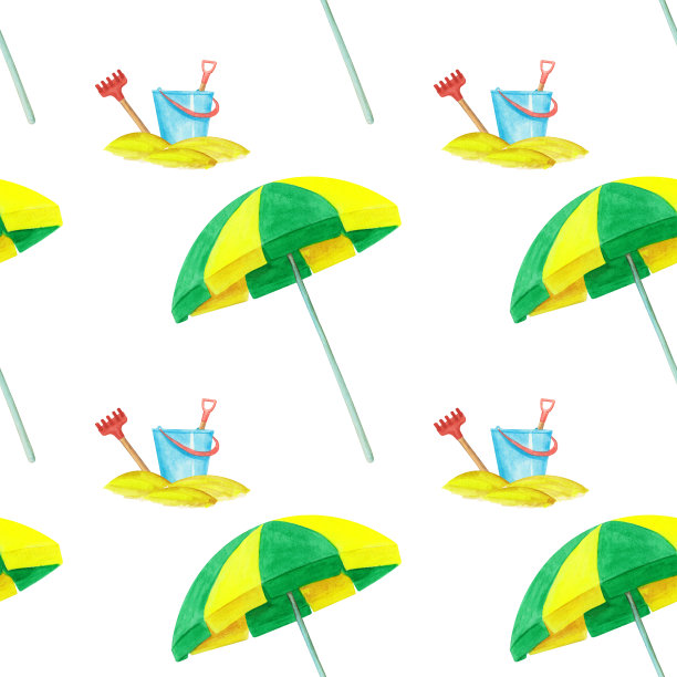 手绘黄色和绿色水彩沙滩伞和水桶铲子和耙无缝模式上的白色背景。夏日沙滩配饰无尽印花为您设计。墙纸。图片下载