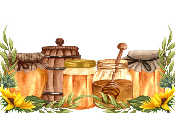 水彩健康蜂蜜在玻璃罐子与向日葵框架。手绘有机食品横幅素材图片