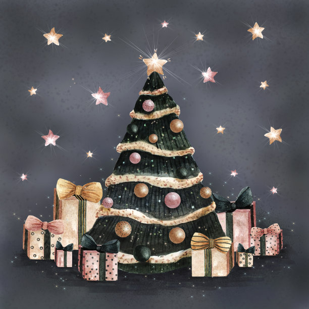 水彩手绘插画圣诞树和闪亮的星星礼物图片下载