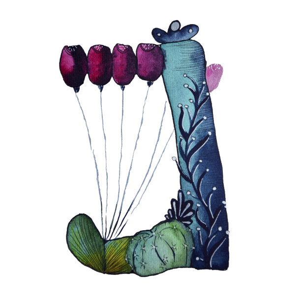 仙人掌J字的形式以蓝色为主色调，绿色生态英文字插图以白色为背景图片下载