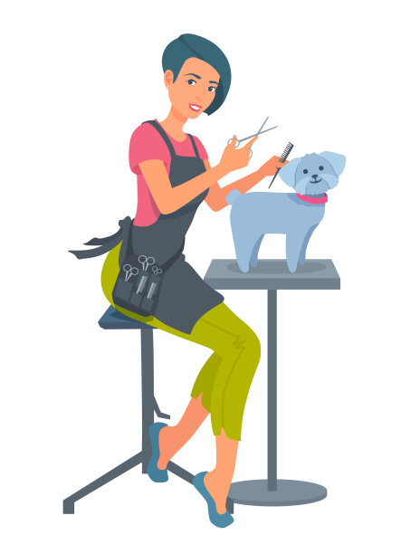 狗美容师。女孩给狗剪羊毛。年轻女子微笑着为小狗理发。图片下载