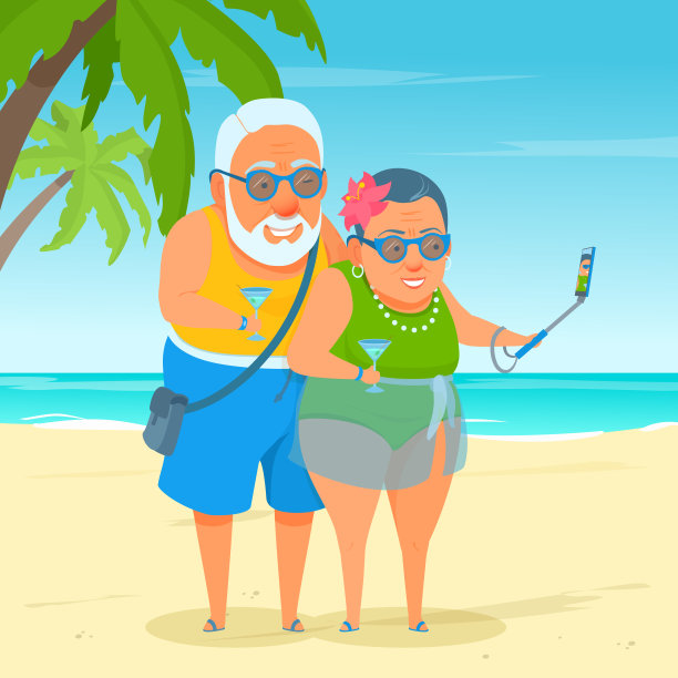 一对活泼快乐的老夫妇站在沙滩上，微笑着自拍。休闲阳光明媚的一天。图片下载