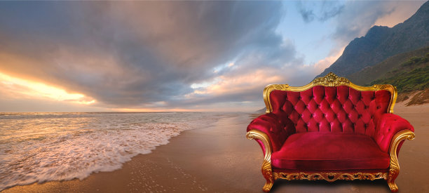 红色面料沙发，金色丝绒，户外舞会，自然海，山，假日创意，旅游皮克，舒适，隔背，白布夹图片下载