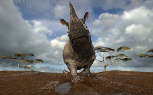 在一个阳光明媚的日子里，犀牛在狩猎卡车后面奔跑，抬起他的头3d渲染图片下载