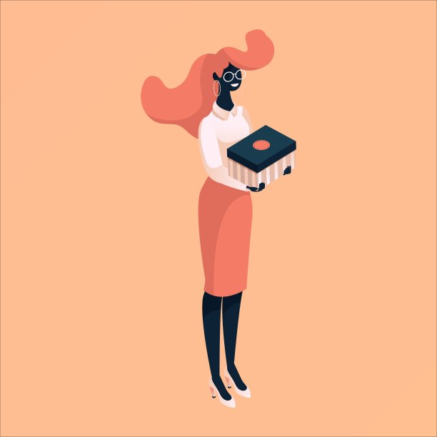 等距3d女人在现代风格与鞋盒在手中。矢量孤立在桃背景插图。图片下载