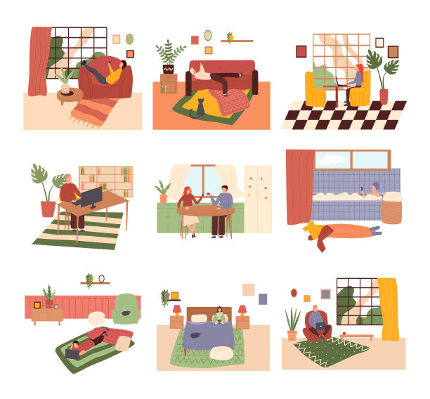 一群年轻男女在家里度周末。男人和女人手机，平面卡通彩色矢量插图。图片下载