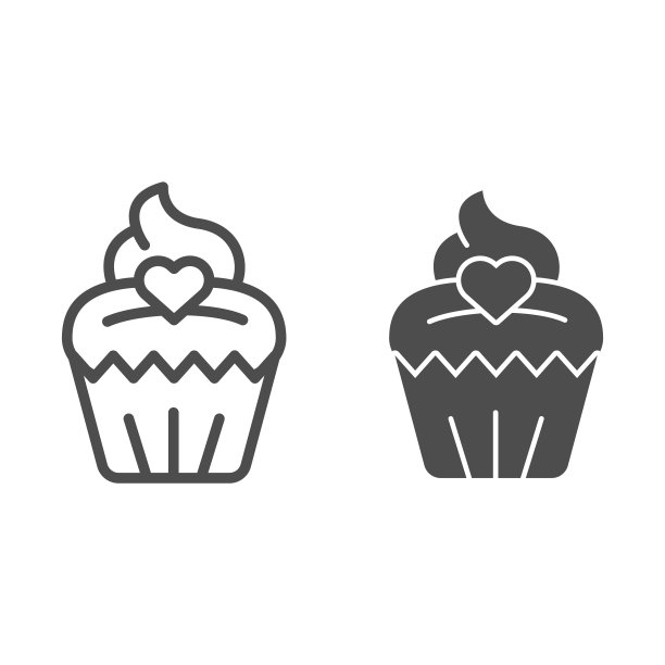 纸杯蛋糕线和固体图标。松饼，甜甜品小圆面包的心形符号，轮廓风格的象形文字在白色的背景上。用于移动概念和网页设计的面包店标识。矢量图形。图片下载