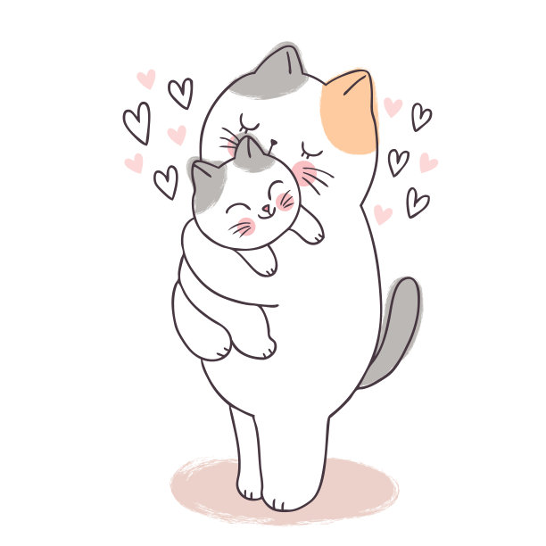 卡通可爱可爱的妈妈和小猫亲吻向量。图片下载