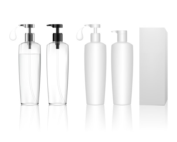 化妆品塑料瓶与分配器泵和盒子。皮肤护理瓶凝胶，液体，乳液，霜，洗发水，沐浴泡沫。美容产品包装，矢量插图。图片下载