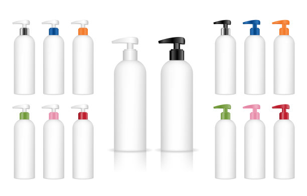 化妆品塑料瓶与分配器泵。液体容器凝胶，乳液，霜，洗发水，沐浴泡沫。美容产品包装，矢量插图。图片下载