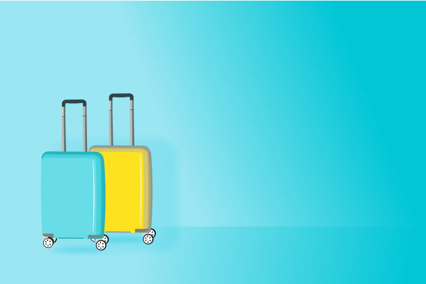 蓝色行李箱，配有太阳眼镜、帽子和照相机，背景为淡蓝色。旅行的概念。最小的风格图片下载