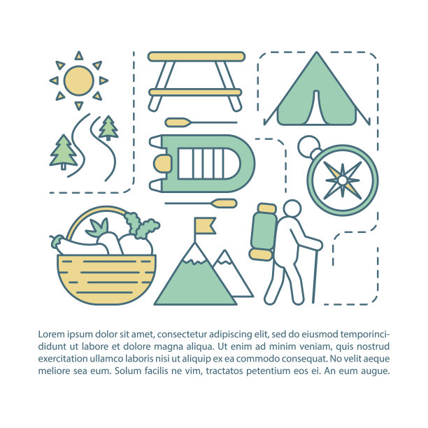 夏令营，假期文章页面矢量模板。宣传册，杂志，小册子设计元素与线性图标和文本框。印刷设计。带有文本空间的概念插图图片下载