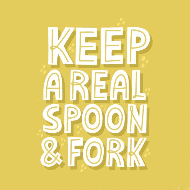 把真正的汤匙和叉子的标语放在t恤、海报和贴纸上。手绘矢量字母。“零浪费”的概念图片下载