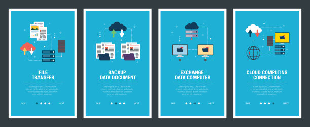 一套互联网旗帜设计模板网站，互联网营销，和业务。文件传输，备份数据文档，交换数据计算机，和云计算。平面设计向量。图片下载