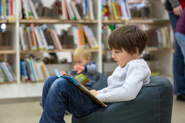 聪明的孩子们，男孩子们，在图书馆里自学图片下载