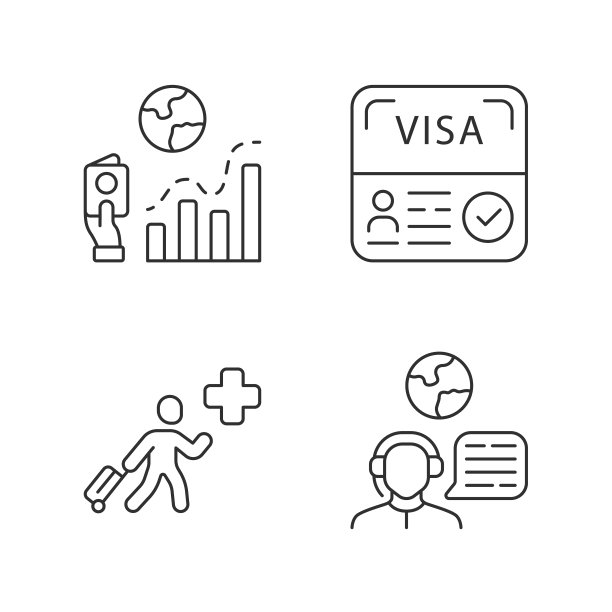 移民线性图标集。移民率，启动签证。人道主义移民，旅行代理商。在国外旅行。细线等高线符号。孤立矢量大纲插图。可编辑的中风图片下载