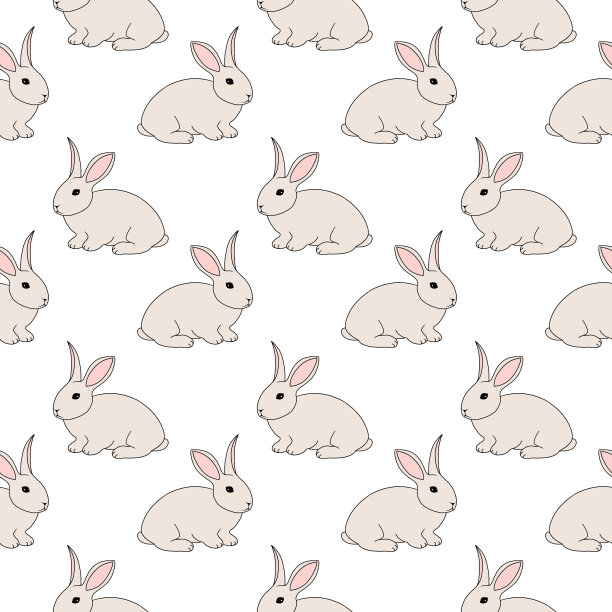 无缝图案与卡通毛绒绒的兔子，农场(家)动物，可爱的宠物孤立在白色的背景图片下载