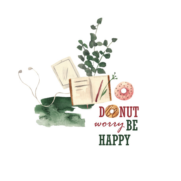 可爱的水彩画与日记，平板电脑，耳机，甜甜圈图片下载