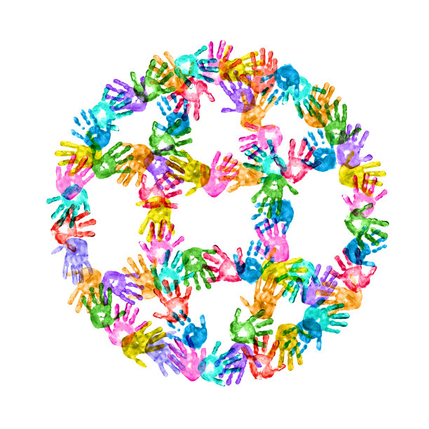 白色背景上的彩色儿童手印地球灯图片下载