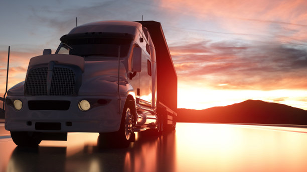 半挂车。卡车在路上，高速公路上。运输、物流的概念。三维渲染图片下载