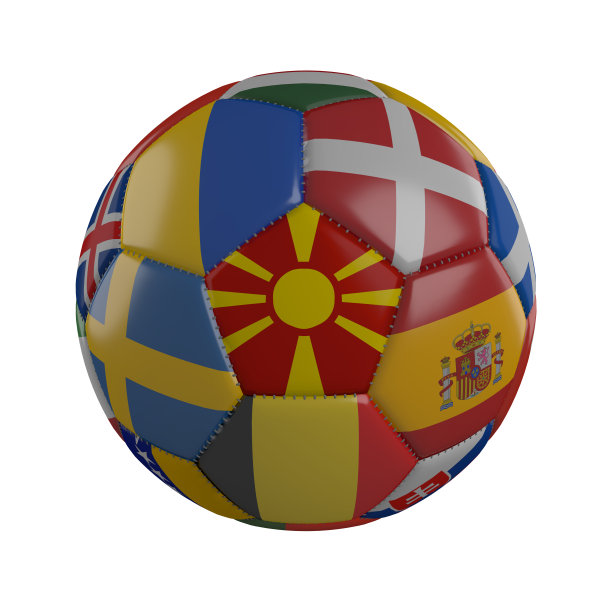 白色背景的足球上带有欧洲杯旗帜的马其顿国旗3D渲染图片下载