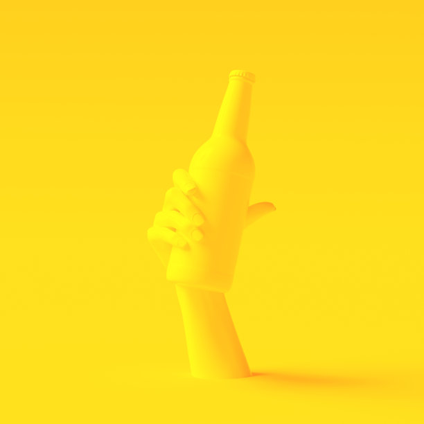 女性手拿瓶啤酒抽象横幅。展示瓶子在手雕塑一颜色黄色创意背景，3d渲染图片下载