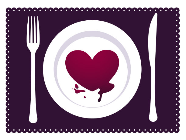 一颗流血的心放在盘子里，作为晚餐，用叉子和刀。残忍的爱的概念，矢量插图。图片下载