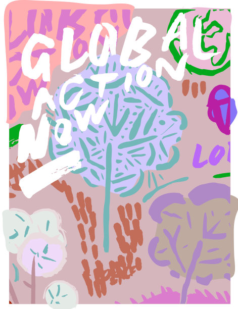 现在全球行动!生态流行艺术插图阿拉伯式风格。海报艺术版画插图环境可持续性的概念。树，棉，花，草，行星，地球接吻。流行艺术丝网印刷漫画美学。苏打粉，粉，糖，糖果的颜色图片下载