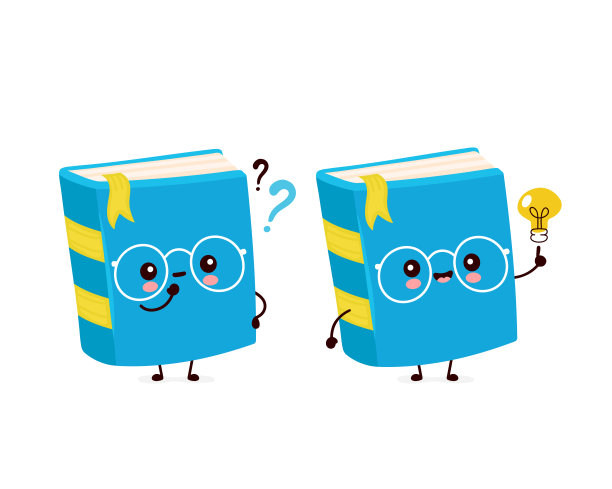 可爱的快乐书与问题和想法灯泡。图片下载