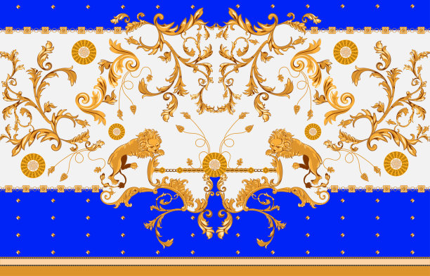 巴洛克式无缝图案，有狮子、树叶和链条图片下载